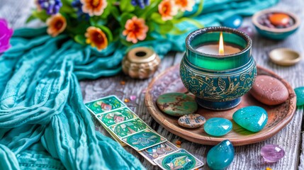 Aromatic Candle with Tarot Cards and Gemstones on Wooden Surface