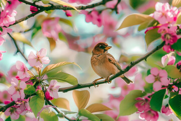 Fototapeta premium A cute little bird is sitting on a branch with pink flowers on the background of a spring garden. Spring blooming flowers and trees. Horizontal background for a postcard, banner, poster.