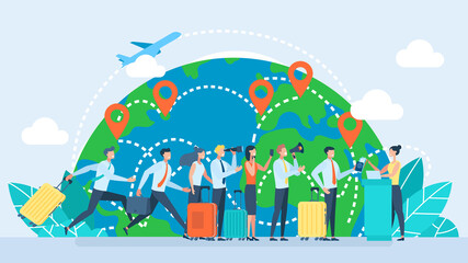 Airport check-in passengers standing in line before travel. Planes are flying in midair and positioning pins are attached to various places in the world for travel concept. Flat illustration