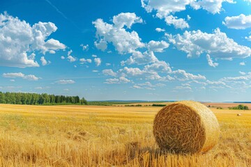Panoramic natural landscape with green grass, golden field of harvested wheat with bales and blue sky with clouds. Colorful summer panorama of combination of yellow and green fields.