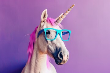 photo portrait of a unicorn with a pink mane in bright blue stylish glasses on a purple background. .. There is empty space on the left for text --ar 3:2 Job ID: 0468c6ea-3b94-4ab8-a9db-903458d32380