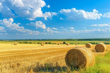 Fototapeta premium Panoramic natural landscape with green grass, golden field of harvested wheat with bales and blue sky with clouds. Colorful summer panorama of combination of yellow and green fields.