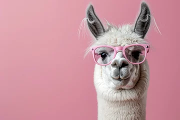 Foto op Plexiglas photo portrait of an alpaca in pink glasses on a pastel pink background. There is empty space for text on the left © Al