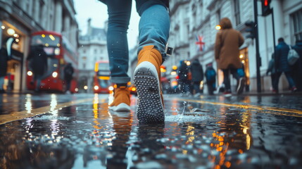 Close-up to shoes walking on the street on raining day - obrazy, fototapety, plakaty