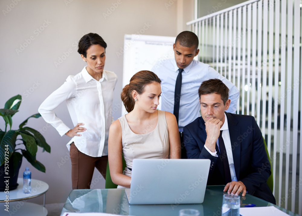 Poster business people, laptop and thinking on plan in office, review and collaboration on idea. colleagues