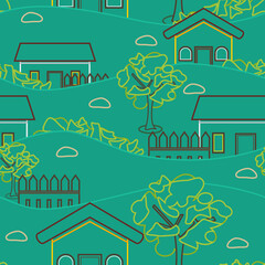 Editable Vector Seamless Pattern of Outline Style Village Scenery Illustration for Creating Background and Decorative Element of Rural Related Design