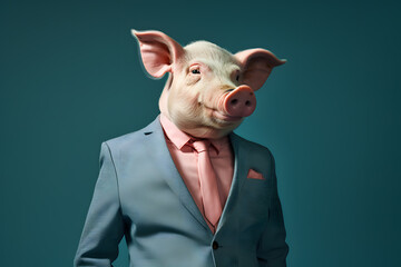 Photo of an anthropomorphic pig in jacket and suit - obrazy, fototapety, plakaty