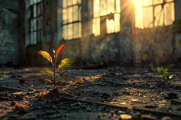 Fototapeten A seedling breaking through the floor of an old abandoned factory sunlight filtering through broken windows to nurture life in desolation © weerasak