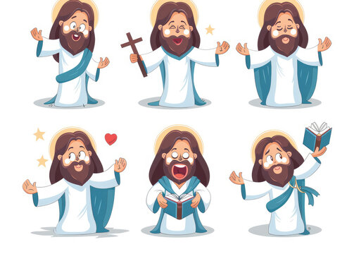 Jesus character, multiple poses and expressions vector illustration on white background