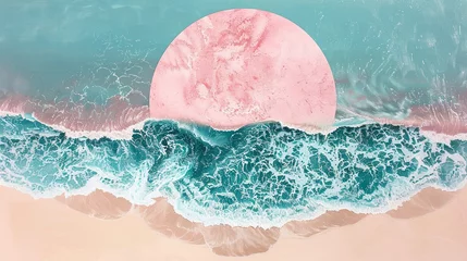 Foto op Canvas A tranquil turquoise ocean lapping against a sandy shore within the light pink circle, the gentle waves leaving delicate patterns in the sand as they retreat. © zooriii arts