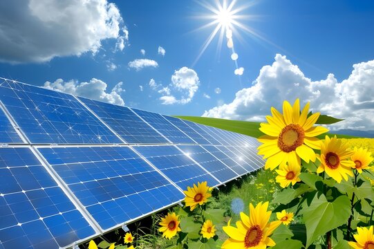Blooming sunflower in the background solar panels. Green energy concept.