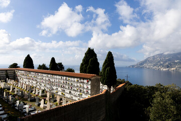 Amalfi coast, view of the mountainous coast washed by the sea and caressed by the blue sky