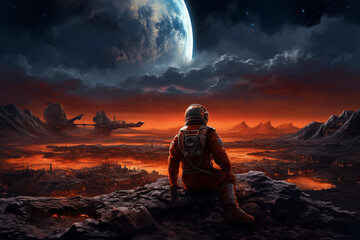 Astronauts on Mars. space travelers exploring the red landscape on the red world. - obrazy, fototapety, plakaty