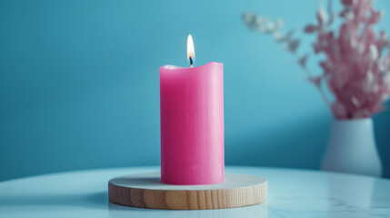 A vibrant pink candle standing tall in a simple wooden holder, adding a pop of color to a minimalist decor.
