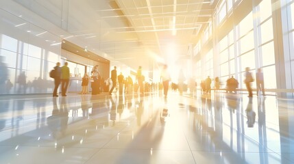 Airport building international terminal rushing people to land blurred background AI generated image