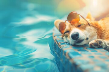 Portrait of a realistic happy corgi dog with sunglass  on sunset dreaming near pool, holiday summer vacation relax vibe concept.  - obrazy, fototapety, plakaty