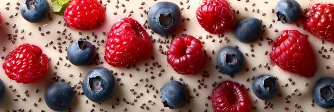 Chia cream with fresh berries top view, perfect for recipe websites
