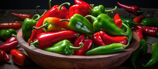 A wooden bowl filled with red and green bell peppers and chili peppers, fresh and vibrant ingredients commonly used in various cuisines as staple foods - Powered by Adobe