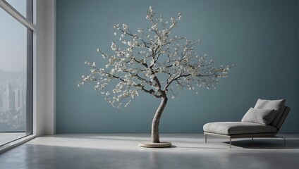 minimalistic room with a small tree