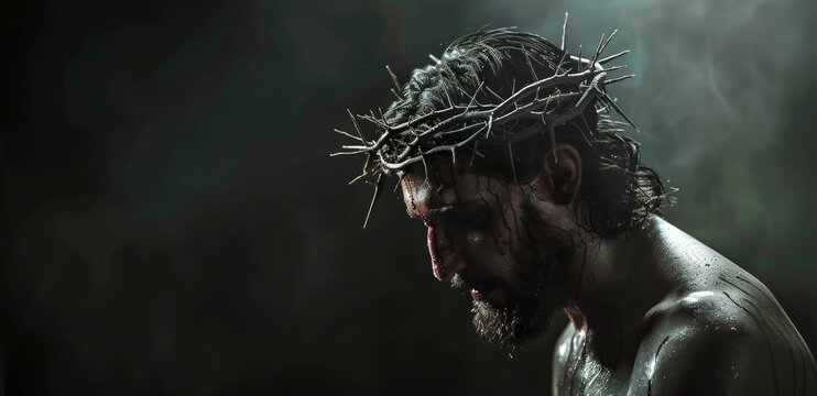 Jesus Christ with a crown of thorns on his head, dark background, side view