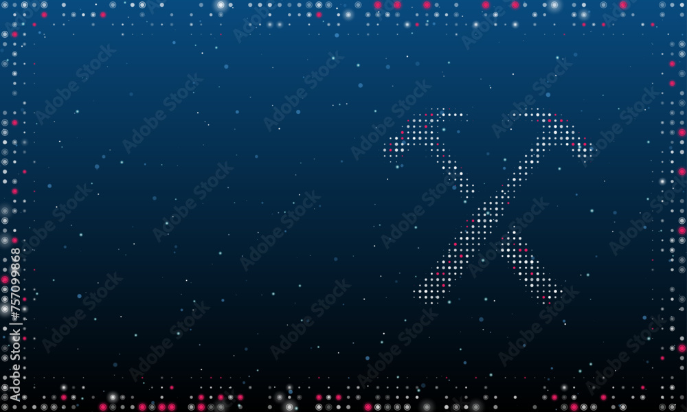Poster on the right is the crossed hammers symbol filled with white dots. abstract futuristic frame of dots