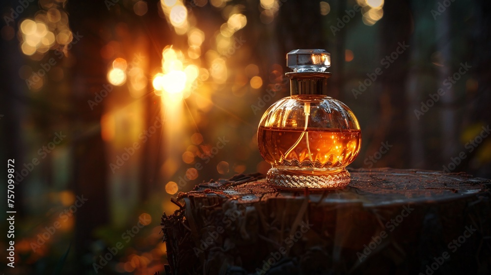 Poster sunset serenade a bottle of perfume in a forest setting generative ai