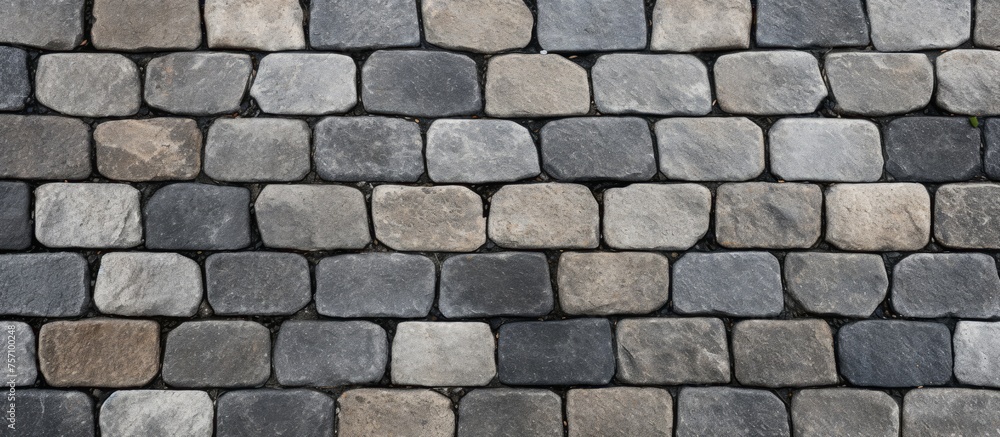 Poster a closeup view of a brick wall showcasing different colored bricks with grass and stone wall in the 
