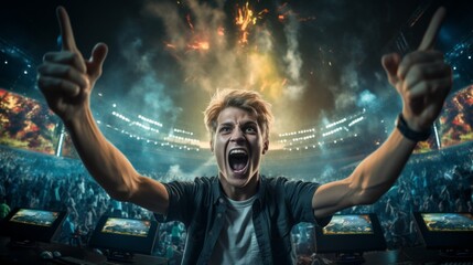 A happy, rejoicing Professional gamer, a young guy who won a round in a video game on a computer. Cyber Sports, Online Championship, Victory, Esports, Hobbies and Entertainment, Technology concepts.