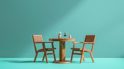 Two chairs and a table arranged in front of a calming blue wall