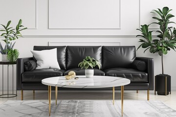 Modern Leather Couch with White Walls and Gold Accents Generative AI