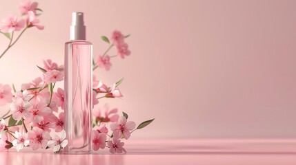 Obraz na płótnie Canvas Transparent glass perfume bottle mockup with beautiful flowers on a pink background