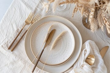 top view mockup table setting with ceramic plates and cutlery on a beige background, with a...