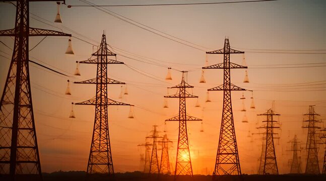 electric towers lined up, Aerial drone, cinematic, zooming in over time