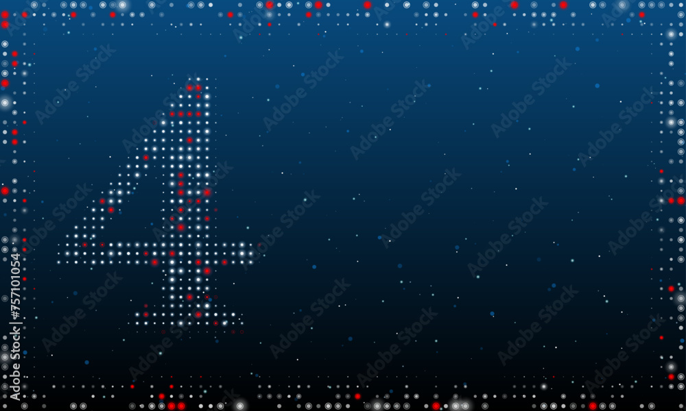 Aufkleber on the left is the number four symbol filled with white dots. pointillism style. abstract futuristic