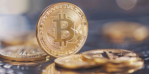 A prominent Bitcoin coin standing upright on a reflective surface with more coins lying flat in the background