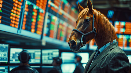 Horse in a suit looking over a stock exchange floor with financial market screens