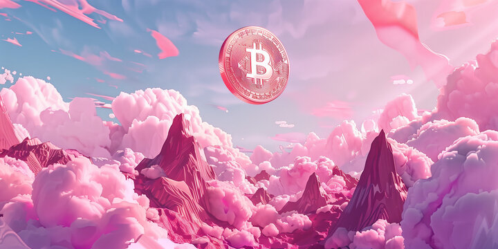 A radiant Bitcoin coin floats majestically over a surreal landscape of pink-hued mountains and clouds