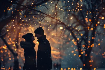 Silhouette of two lovers leaning towards each other in an atmospheric winter park with Christmas lights on the trees in the evening. Blurred defocused christmas image.