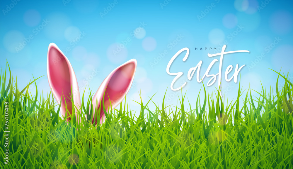 Wall mural happy easter holiday design with rabbit ears and spring green grass on blue sky background. internat