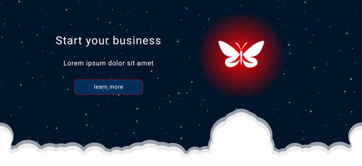 Business startup concept Landing page screen. The butterfly symbol on the right is highlighted in bright red. Vector illustration on dark blue background with stars and curly clouds from below