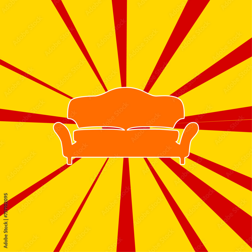 Poster sofa symbol on a background of red flash explosion radial lines. the large orange symbol is located 