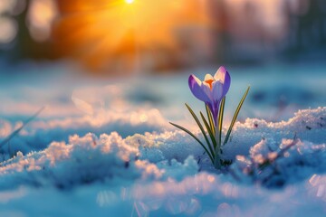 The first spring forest flower crocus in the snow and sunlight with beautiful bokeh. Beautiful spring natural background.