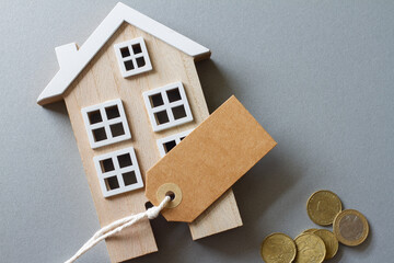 Miniature model of wooden house with tag and money, concept of selling, buying or renting real estate