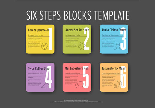 Pastel progress six steps template with big numbers, descriptions and icons on rounded  blocks on dark background