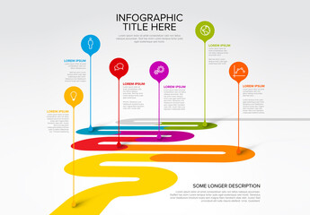 Infographic timeline template with droplet arrows pointers on thick curved color line