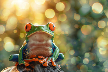 Vibrant red-eyed tree frog on branch against a softly blurred green backdrop. Funny frog in...