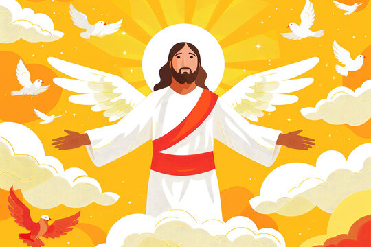 Flat illustration of Jesus Christ with open arms in the clouds