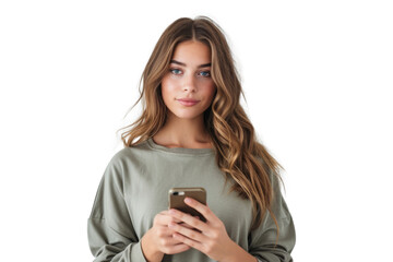 Fototapeta premium Front view of young woman in casual sweatshirt holds using smartphone isolated on white background. Engagement with digital content