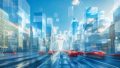 Dynamic city road at night, highlighting the speed and connectivity of urban transportation with blurred lights indicating motion and progress