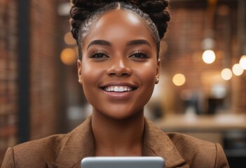 A smiling woman with a smartphone in a well-lit space. Her brown jacket adds to her radiant look. - obrazy, fototapety, plakaty